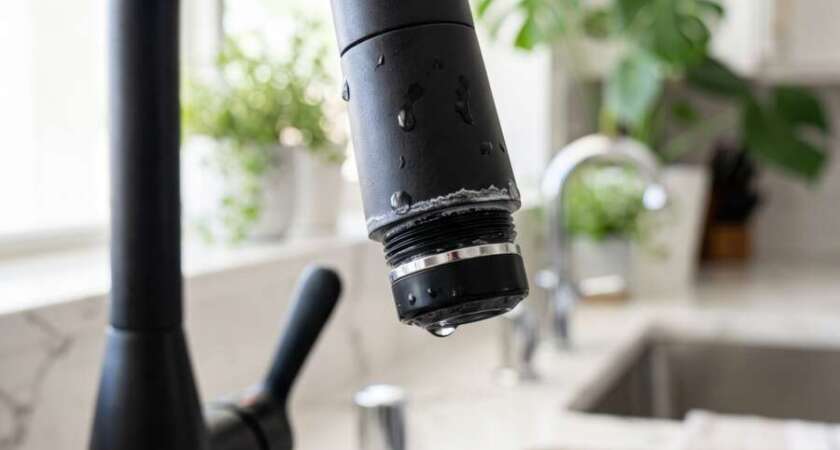 Hard-water scale on a modern kitchen faucet, common in Las Vegas