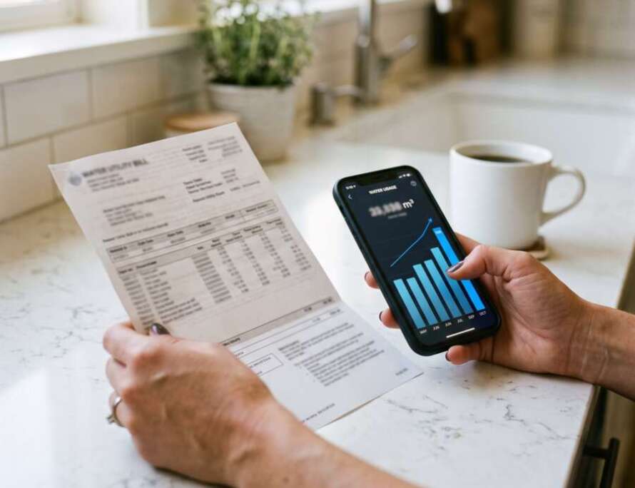 Homeowner reviewing a high water bill and rising water usage, a common sign of a hidden leak