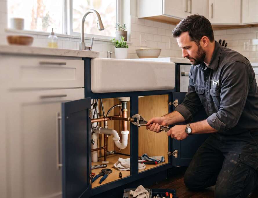 TPM Services plumber repairing kitchen sink plumbing in a Las Vegas home