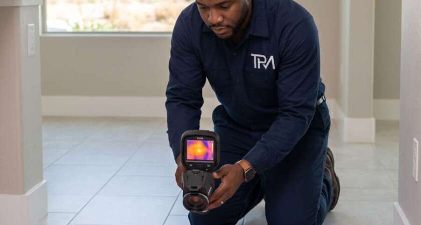 TPM plumber using a thermal camera to find a slab leak in a Las Vegas home