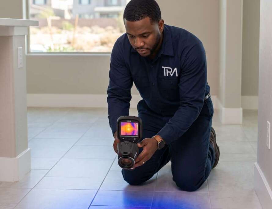TPM plumber using a thermal camera to find a slab leak in a Las Vegas home