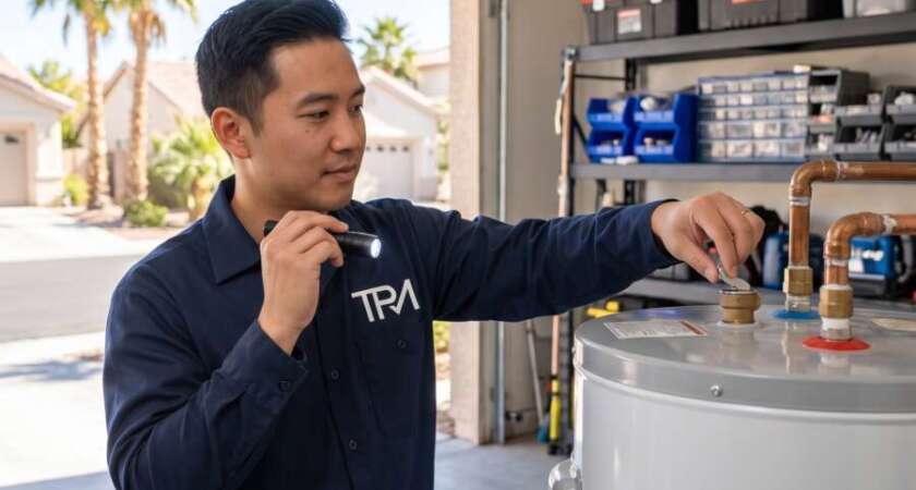 TPM plumber checking a water heater relief valve in a Las Vegas garage