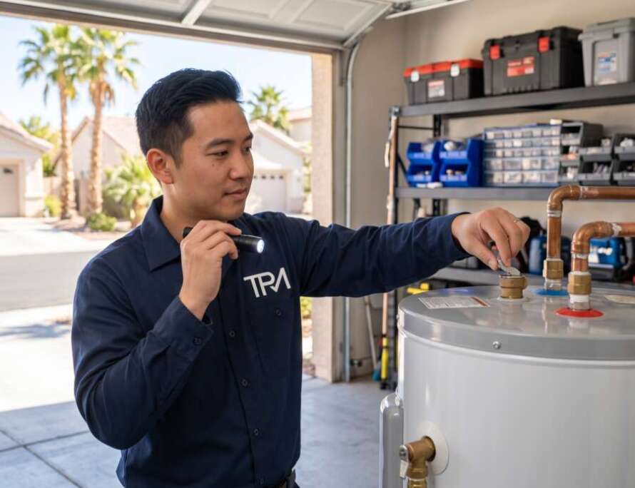 TPM plumber checking a water heater relief valve in a Las Vegas garage